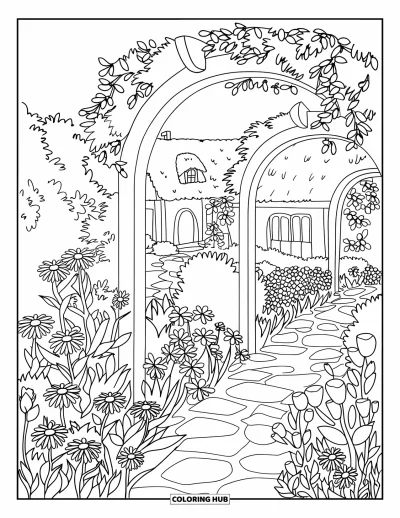 Blumengarten-Ausmalbild für Erwachsene: Cottage-Garten mit Blumen, Steinpfaden und Bögen nahe einem strohgedeckten Haus