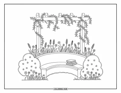 Blumengarten-Ausmalbild für Erwachsene: Gemütliche Gartennische mit geschwungener Bank unter einer Blumenpergola und daneben ruhenden Büchern