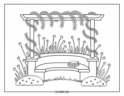 Blumengarten-Ausmalbild für Erwachsene: Geschwungene Bank unter einer blütenbedeckten Pergola, eingerahmt von Lavendel und Wildblumen
