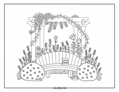 Blumengarten-Ausmalbild für Erwachsene: Geschwungene Bank unter einer blumengeschmückten Pergola mit Lavendelbüschen, Wildblumen und kleinen Büchern