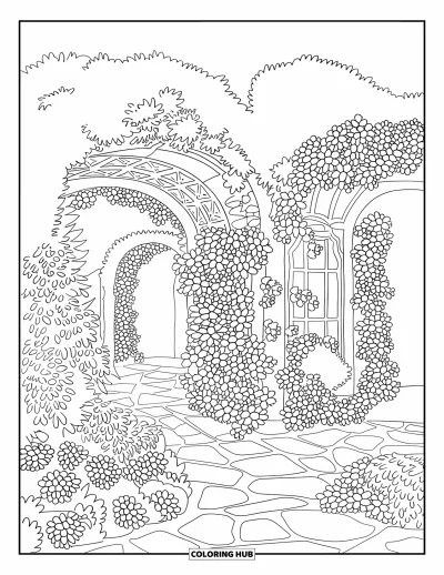 Blumengarten-Ausmalbild für Erwachsene: Dichter Blumengarten mit Bögen, Steinwegen und klaren Umrissen zum Ausmalen
