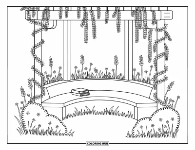 Blumengarten-Ausmalbild für Erwachsene: Blumenpergola mit Bank, Lavendelbüschen, Wildblumen und einem kleinen Bücherstapel