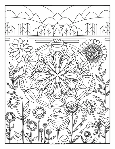 Blumengarten-Ausmalbild für Erwachsene: Blumengarten mit Mandala-artigen Blütenblättern und Blättern nahe Berg und See