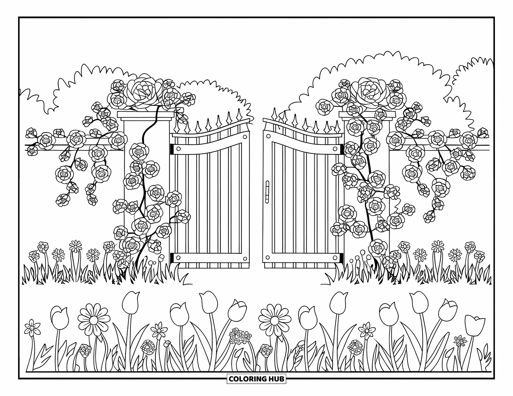 Flower Garden Coloring Page for Adults: Flower garden with tulips, daisies, and roses near a wooden gate and trees