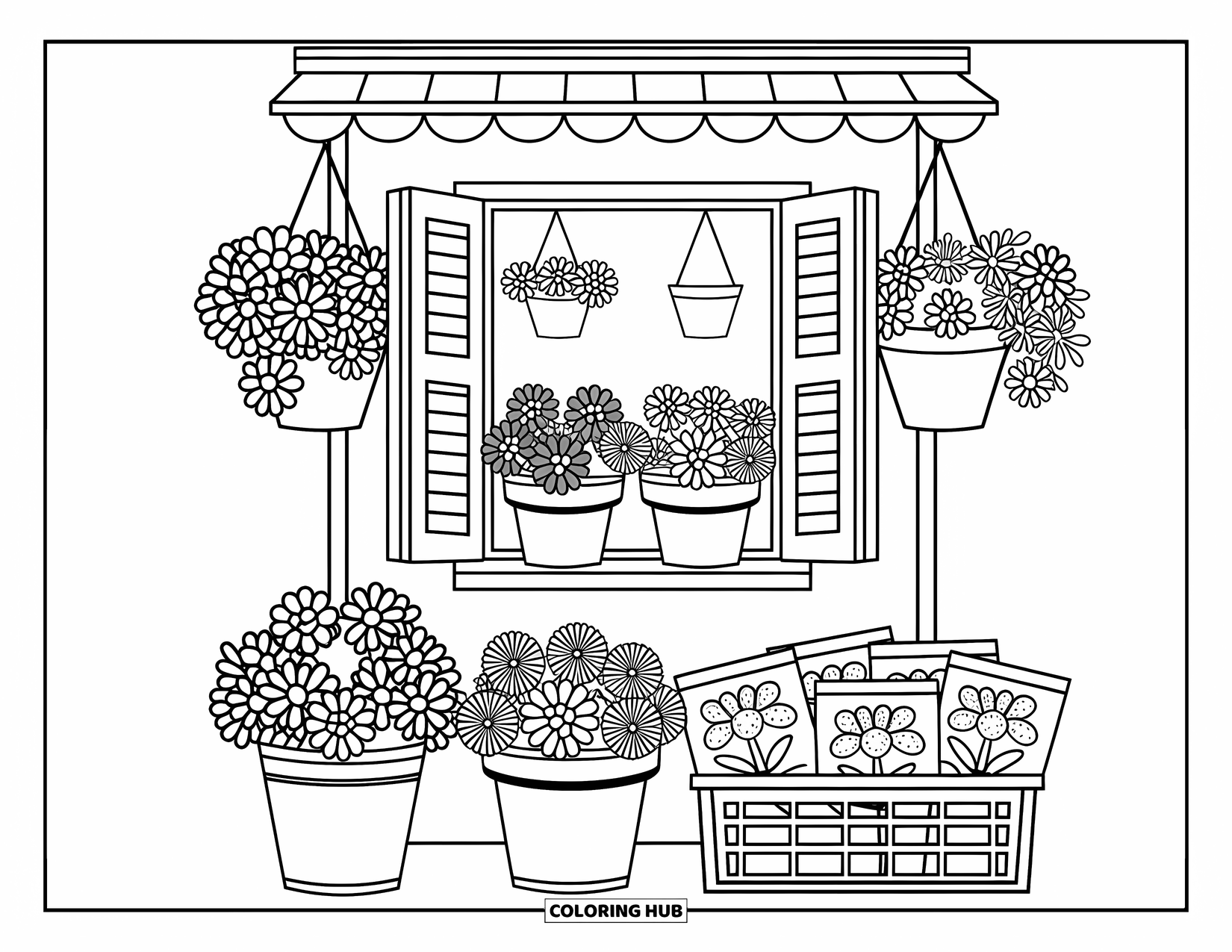 Flower Garden Coloring Page for Adults: Flower kiosk with open shutters, bouquets in buckets, and doodled seed packet labels