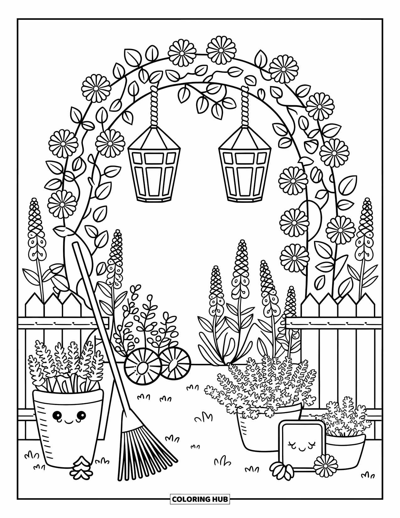 Flower Garden Coloring Page for Adults: Garden arch with foxgloves, a mini sign, and tools resting by the fence