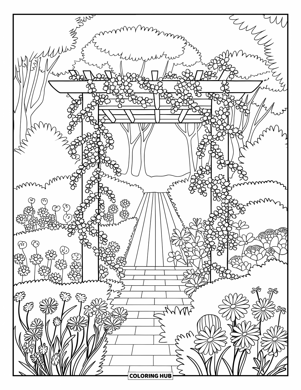 Flower Garden Coloring Page for Adults: Garden blooms fill the path between a trellis and brick walkway with leafy trees nearby