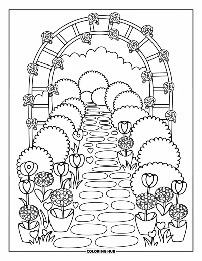 Blumengarten-Ausmalbild für Erwachsene: Gartenweg unter einem rosenbedeckten Rankgitter mit übergroßen Tulpen und verspielten Schmetterlingen
