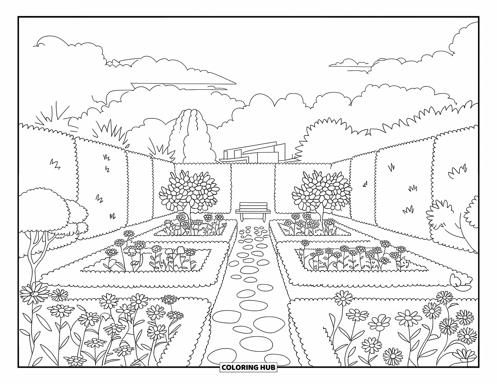 Flower Garden Coloring Page for Adults: Hedges and stepping stones surround a flower-filled garden with trees and distant rooftops