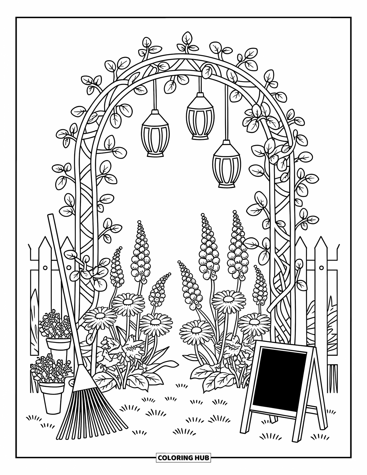Flower Garden Coloring Page for Adults: Lantern-hung garden arch with blooming flowers and herb bundles near a fence