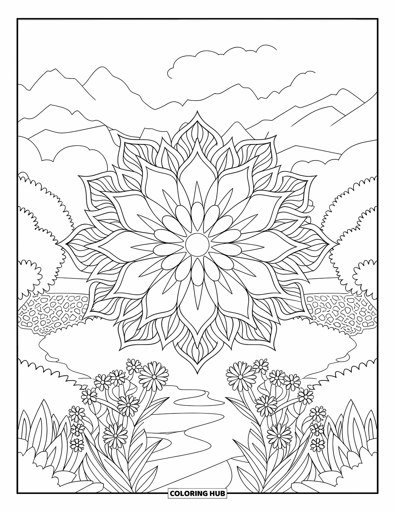 Flower Garden Coloring Page for Adults: Mandala flowers bloom beside a path in a garden with mountains and trees