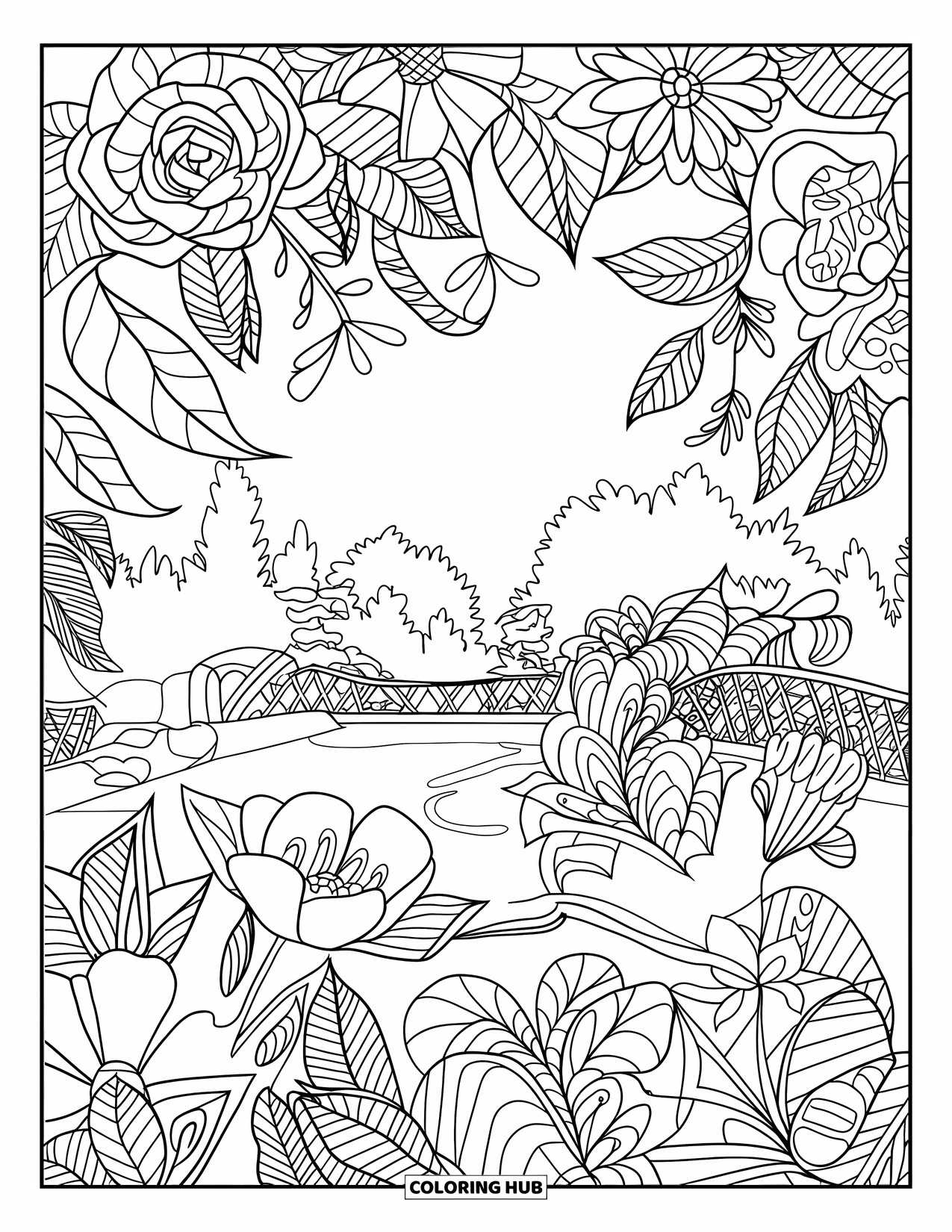 Flower Garden Coloring Page for Adults: Mandala-style garden filled with patterned flowers beside a pond and bridge