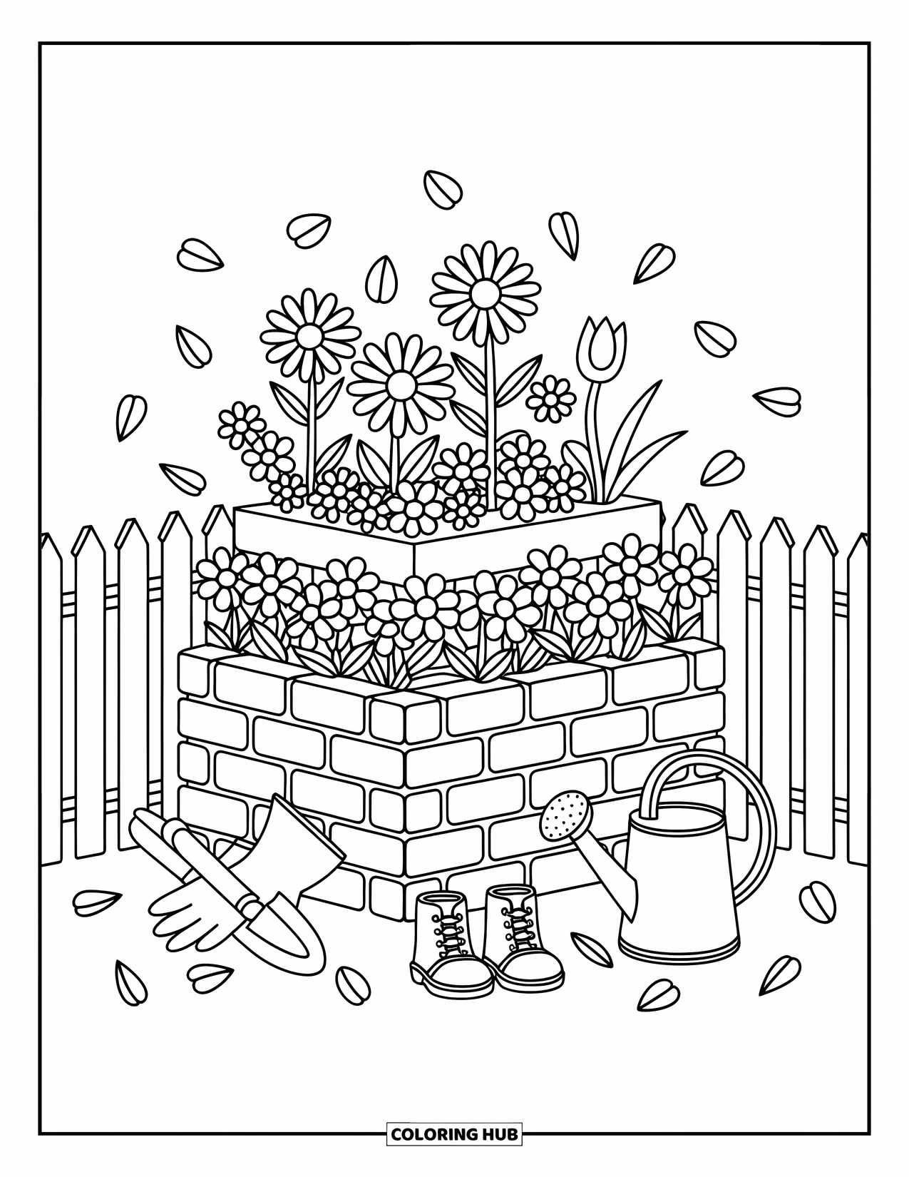 Flower Garden Coloring Page for Adults: Raised flower bed with daisies, pansies, tulips, gloves, and a watering can