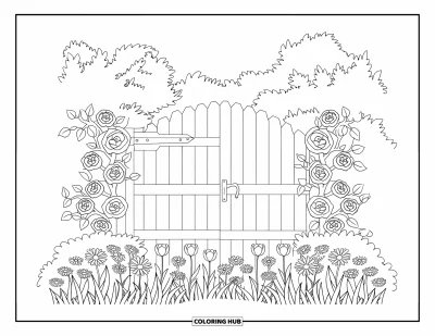 Blumengarten-Ausmalbild für Erwachsene: Rustikales Tor umgeben von Rosen, Tulpen und Margeriten in einem gemütlichen Garten