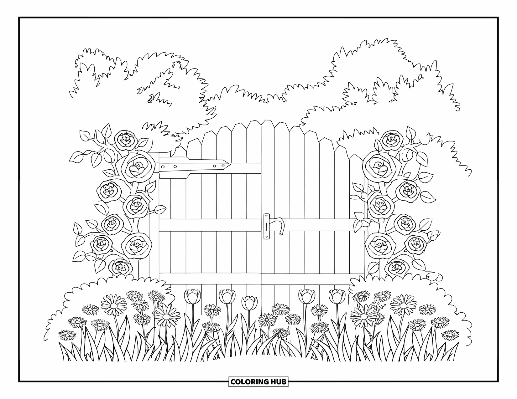 Flower Garden Coloring Page for Adults: Rustic gate surrounded by roses, tulips, and daisies in a cozy garden
