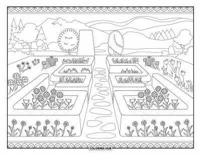Blumengarten-Ausmalbild für Erwachsene: Geformte Hecken, Trittsteine und Blumen führen durch einen friedlichen Garten nahe einem See