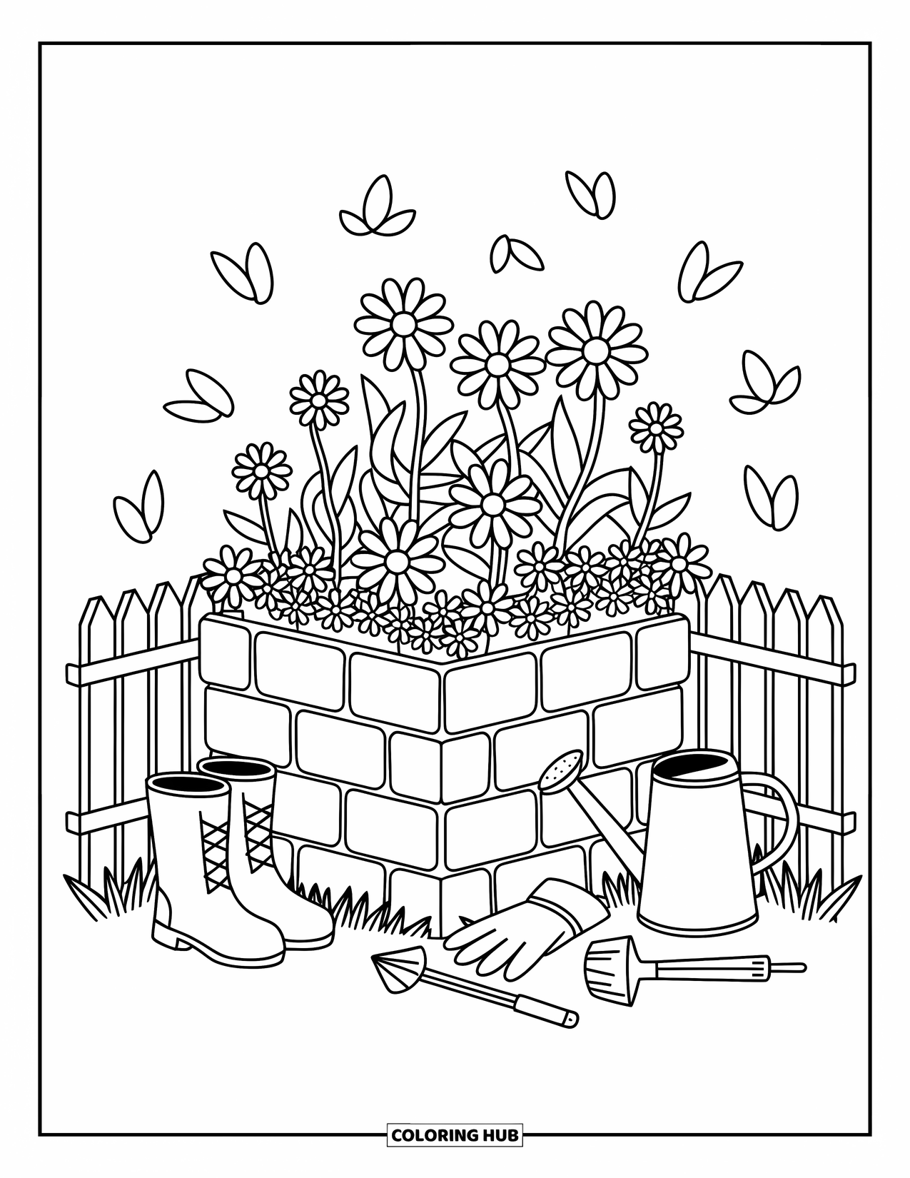 Flower Garden Coloring Page for Adults: Stacked brick garden bed with blooms, gloves, boots, and fluttering petals