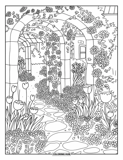 Blumengarten-Ausmalbild für Erwachsene: Steinbögen und Blumenwege führen zu einem Häuschen in einem malerischen Garten