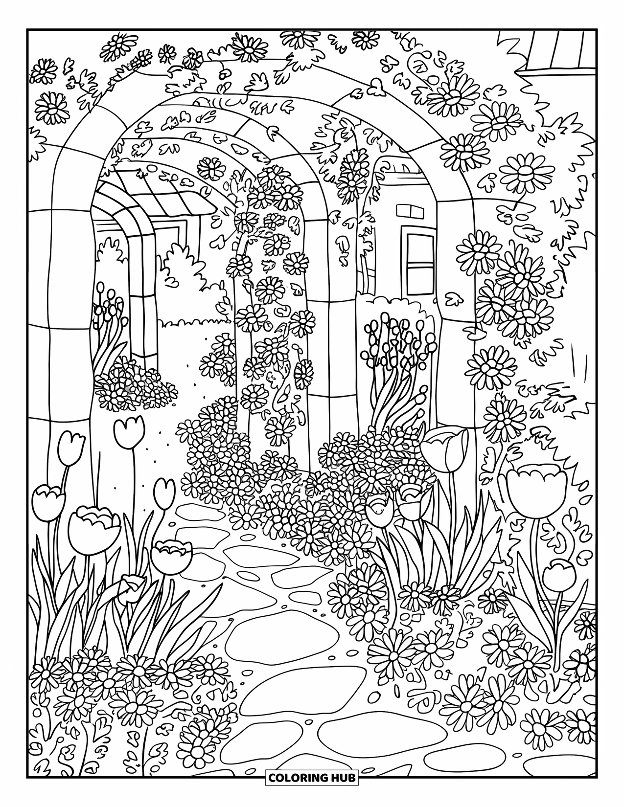 Flower Garden Coloring Page for Adults: Stone archways and flower paths lead to a cottage in a cozy garden