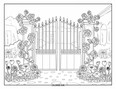 Blumengarten-Ausmalbild für Erwachsene: Steinpfad führt zu einem rustikalen Tor umgeben von Blumen und einem kleinen Gebäude