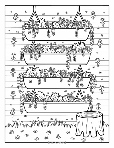 Blumengarten-Ausmalbild für Erwachsene: Gestufter Garten mit blattreichen Töpfen, zarten Blüten und Marienkäfern auf einem gemütlichen Baumstumpf-Hocker