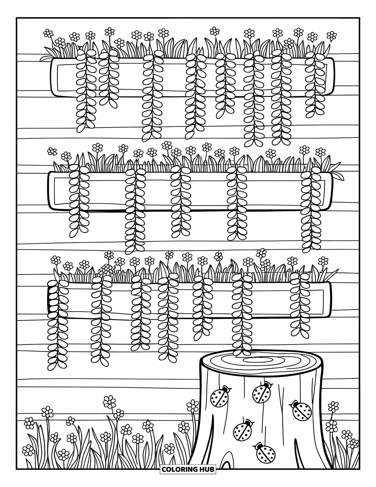 Flower Garden Coloring Page for Adults: Tiered vertical garden with cascading leaves and ladybugs climbing a stump stool