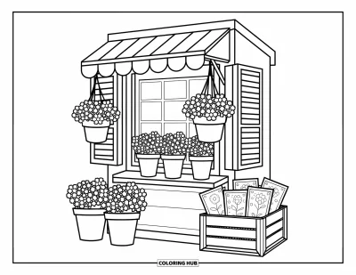 Blumengarten-Ausmalbild für Erwachsene: Kleiner Blumenkiosk mit Geranien in Töpfen, Sträußen und Samenpäckchen in Kisten