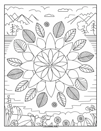 Blumengarten-Ausmalbild für Erwachsene: Vielfalt an Mandala-Blüten und Blättern nahe einem ruhigen See und Bergpanorama
