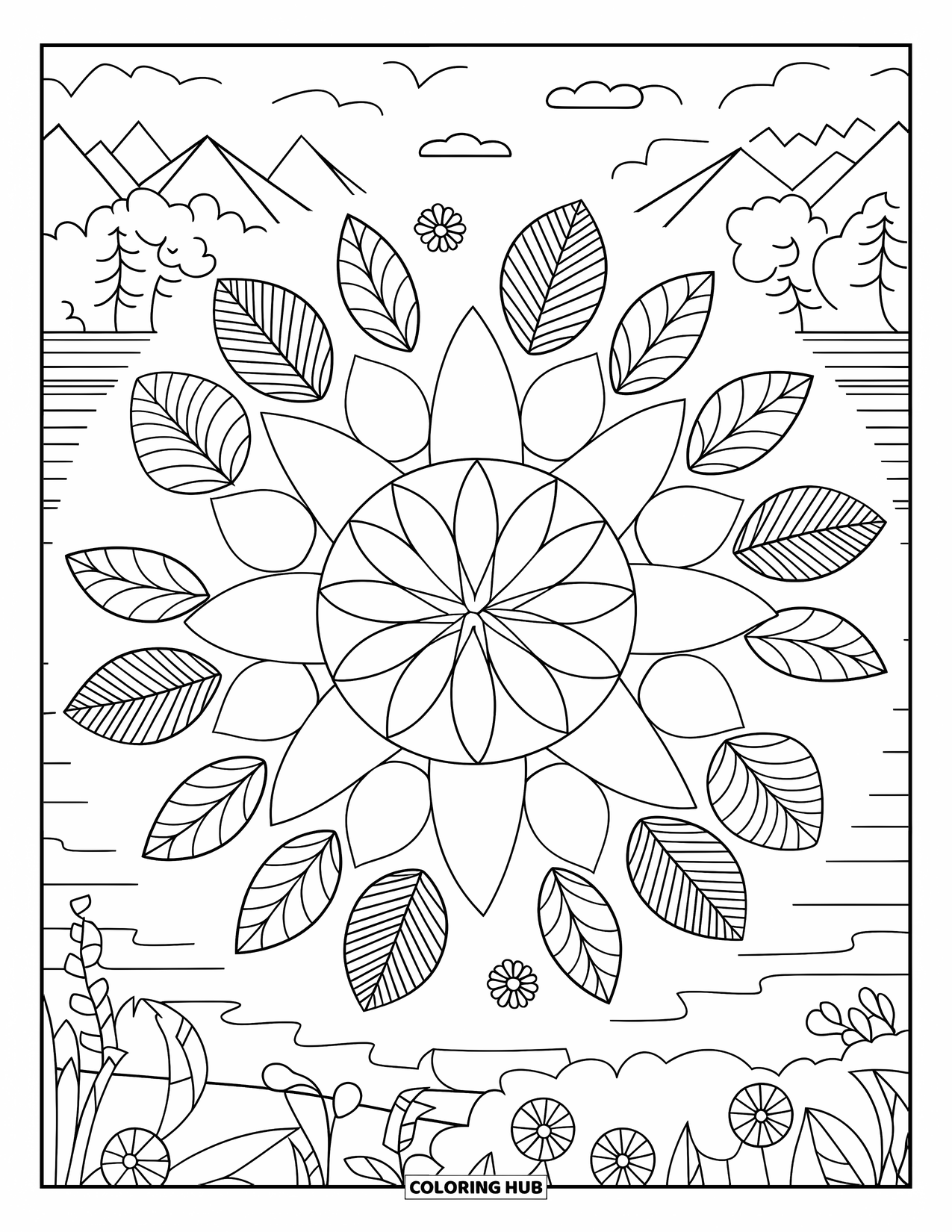 Flower Garden Coloring Page for Adults: Variety of mandala flowers and leaves bloom near a calm lake and mountain view