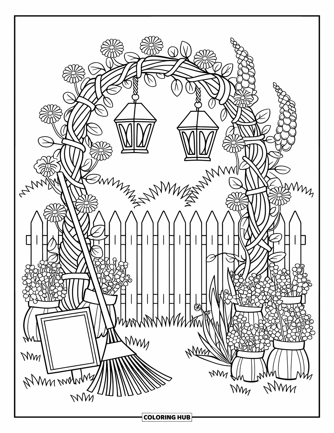 Flower Garden Coloring Page for Adults: Vine-wrapped arch with lanterns, zinnias, foxgloves, and garden tools by a fence