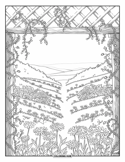 Blumengarten-Ausmalbild für Erwachsene: Ranken und Blüten umrahmen ein Rankgitter in einem ruhigen Garten mit sanften Hügeln