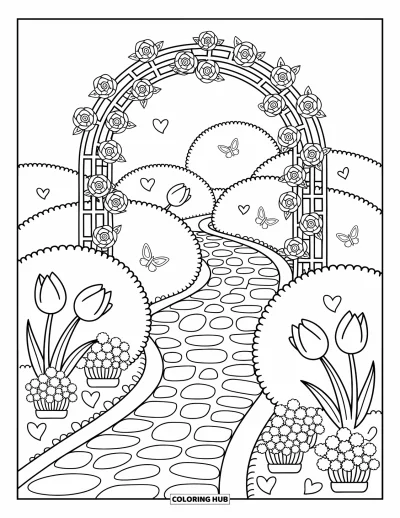 Blumengarten-Ausmalbild für Erwachsene: Geschwungener Gartenweg durch Rosen, Tulpen, Ringelblumen und herzförmige Gartenschilder