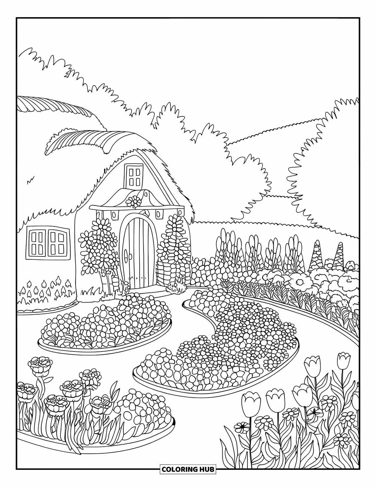 Flower Garden Coloring Page for Kids: A blooming flower garden winds toward a cottage among hills and trees
