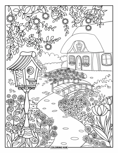 Blumengarten-Ausmalbild für Kinder: Ein Gartenweg schlängelt sich an einem Vogelhaus vorbei und über einen Bach nahe eines Häuschens