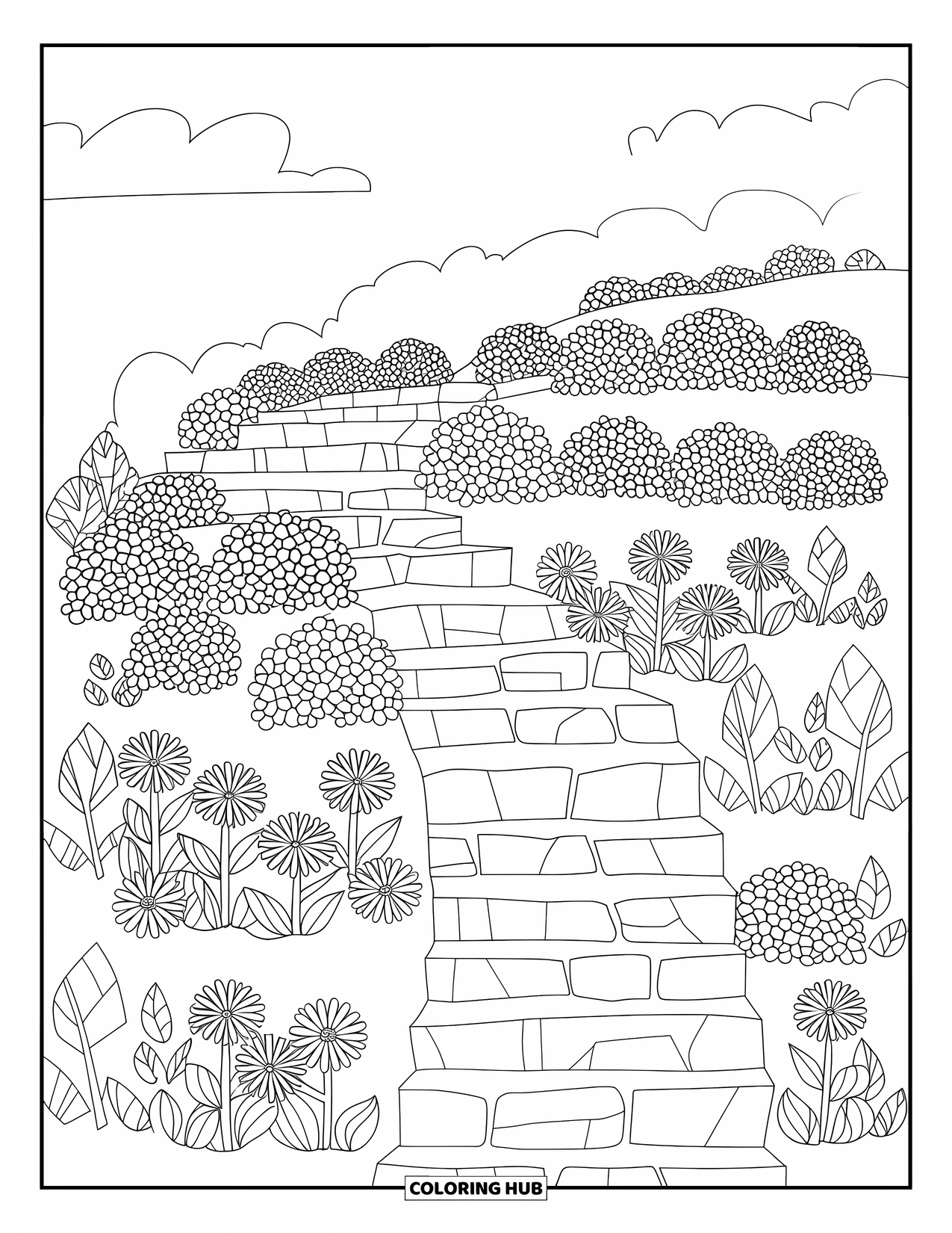 Flower Garden Coloring Page for Kids: A peaceful hillside garden with stone steps and rows of flowers