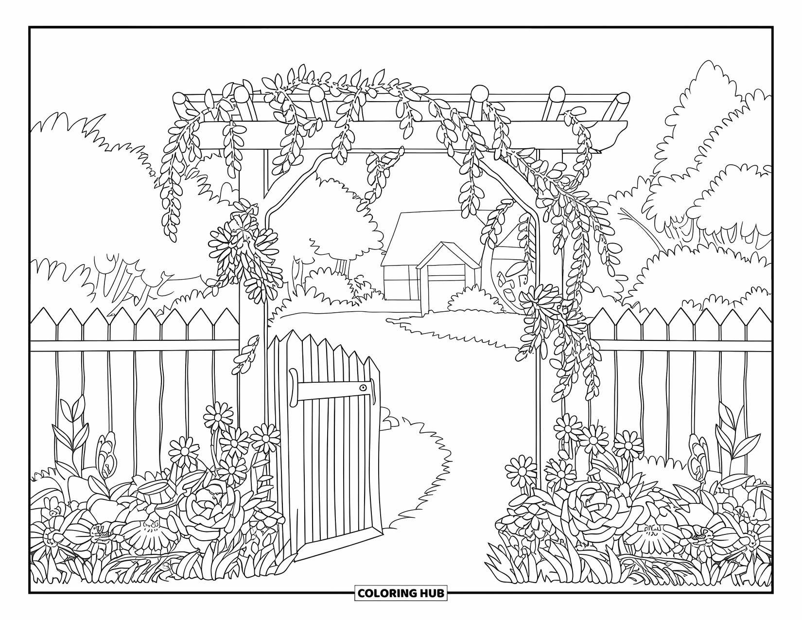Flower Garden Coloring Page for Kids: A wooden gate with vines opens to a quiet garden filled with flowers