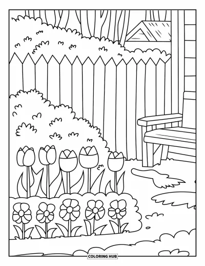 Blumengarten-Ausmalbild für Kinder: Hintergarten mit Tulpen, Stiefmütterchen und einer Bank neben Haus und Zaun