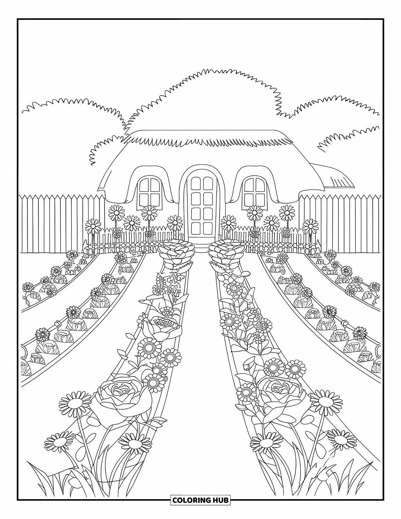 Flower Garden Coloring Page for Kids: Behind a cozy cottage lies a spacious garden with tall flowers and a fence