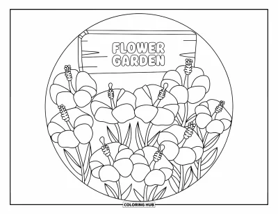 Blumengarten-Ausmalbild für Kinder: Kräftige Hibiskusblüten bilden einen Kreis mit einem Gartenschild auf klarem Hintergrund