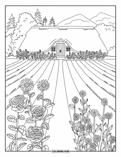 Blumengarten-Ausmalbild für Kinder: Geschwungene Gartenreihen blühen hinter einem Häuschen zwischen Bäumen und Hügeln