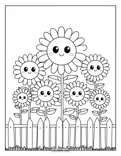 Blumengarten-Ausmalbild für Kinder: Niedliche Sonnenblumen lächeln in einem eingezäunten Garten unter wolkenlosem Himmel