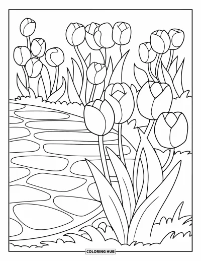 Blumengarten-Ausmalbild für Kinder: Einfache Gartenszene mit Tulpen und einem runden Weg in verspieltem Layout