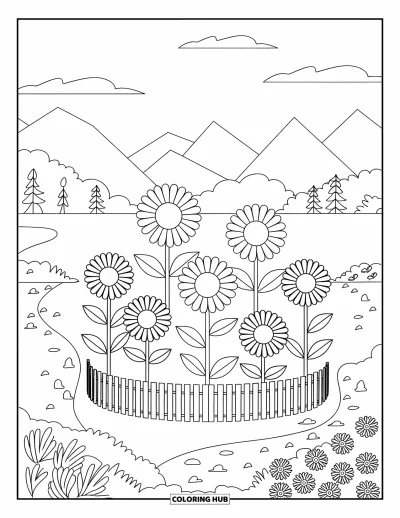 Blumengarten-Ausmalbild für Kinder: Fünf kräftige Sonnenblumen stehen stolz neben einem Holzzaun und einigen Steinen