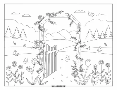 Blumengarten-Ausmalbild für Kinder: Blumengarten an einem Tor mit Schmetterlingen und Ranken zwischen den Blüten