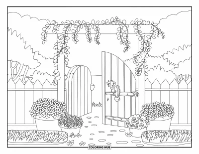 Blumengarten-Ausmalbild für Kinder: Blumentöpfe und ein rankenbedecktes Tor säumen einen ruhigen Gartenweg