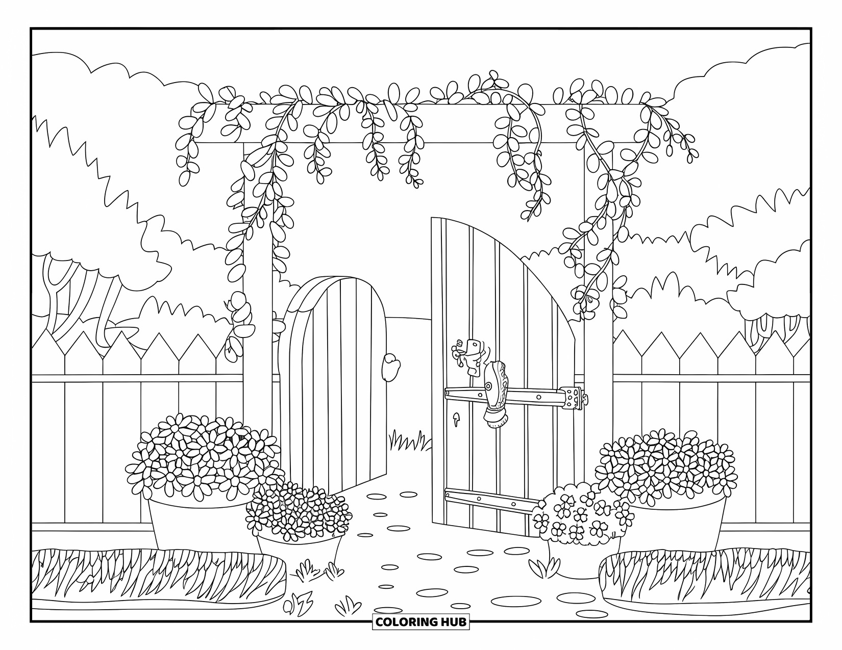 Flower Garden Coloring Page for Kids: Flower pots and a vine-covered gate sit in a peaceful garden path