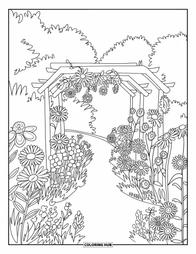 Blumengarten-Ausmalbild für Kinder: Von Wildblumen gesäumter Gartenweg führt unter einem hölzernen Bogen hindurch