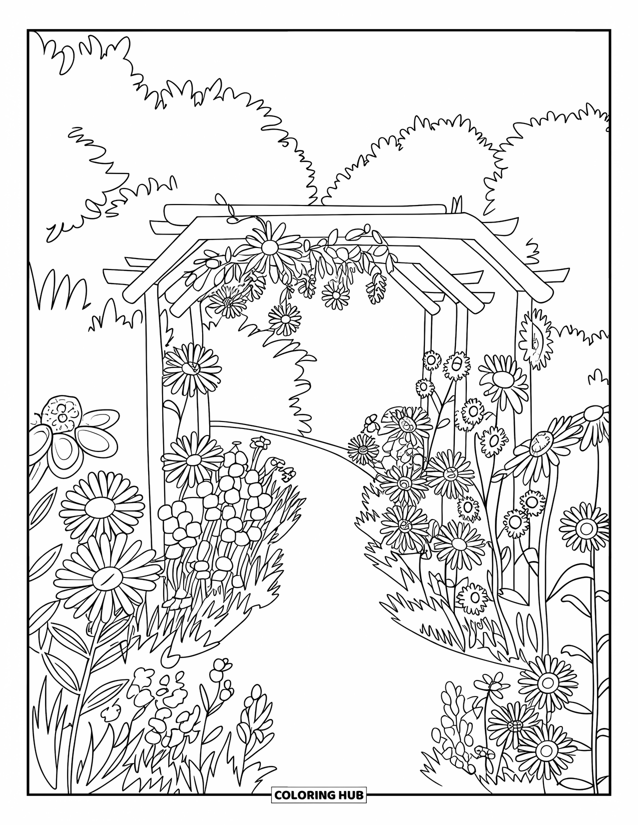 Flower Garden Coloring Page for Kids: Garden path surrounded by wildflowers leads under a wooden arch