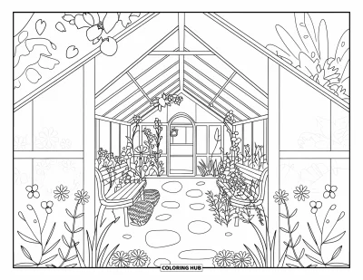 Blumengarten-Ausmalbild für Kinder: Gartenblick durch ein Gewächshaus mit Bänken und einem von Blumen gesäumten Weg