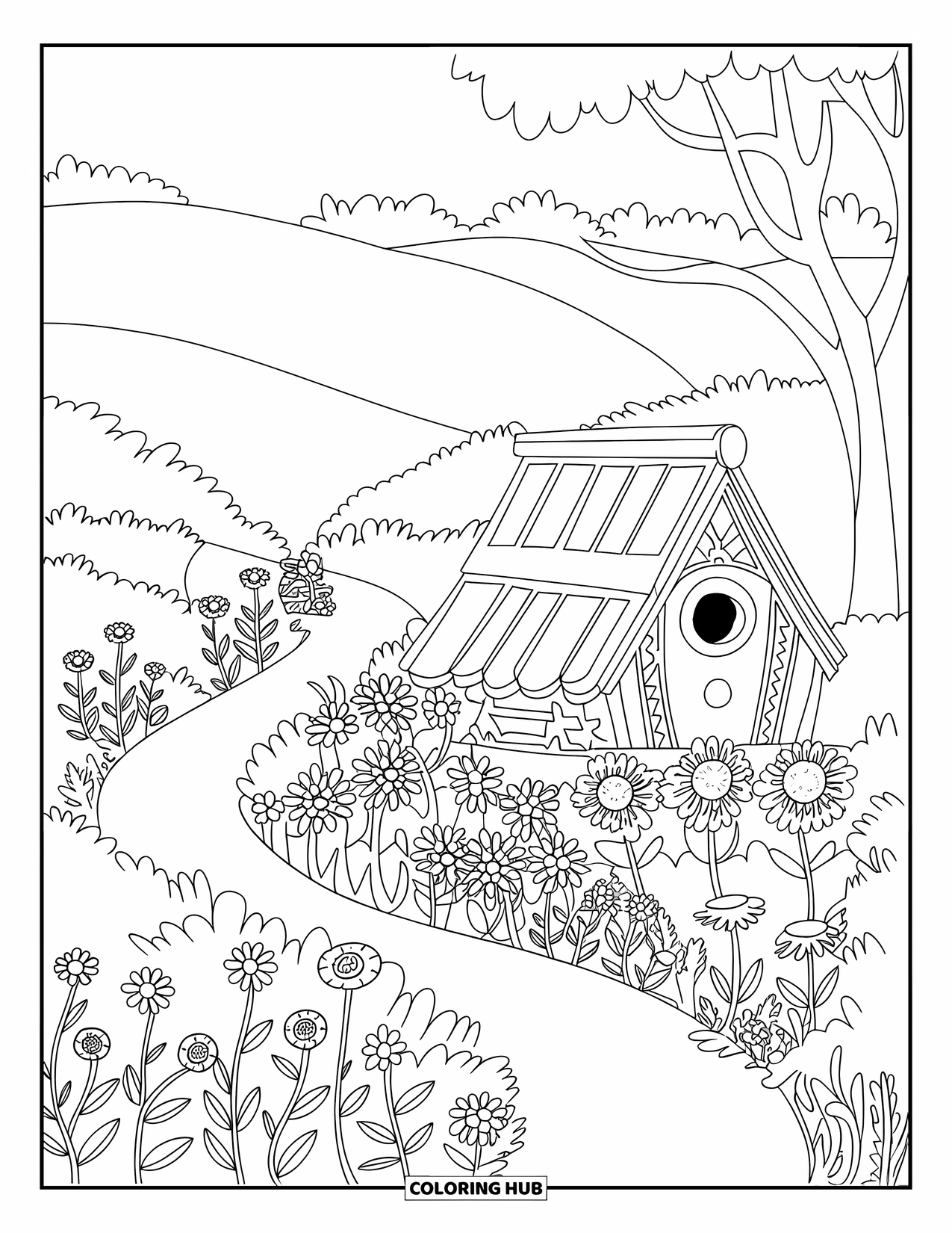 Flower Garden Coloring Page for Kids: Garden with winding path and birdhouse sits in a peaceful field